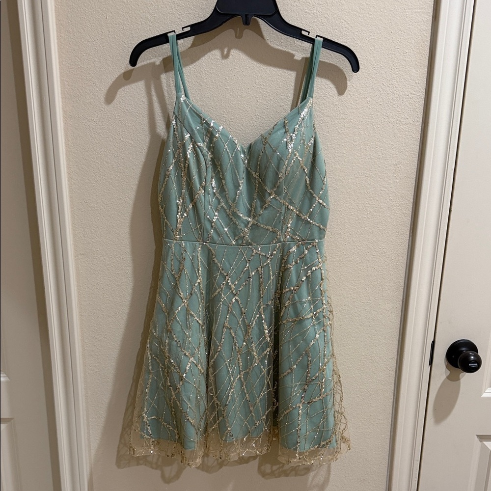 Aqua Beaded Spaghetti-Strap Mini Dress